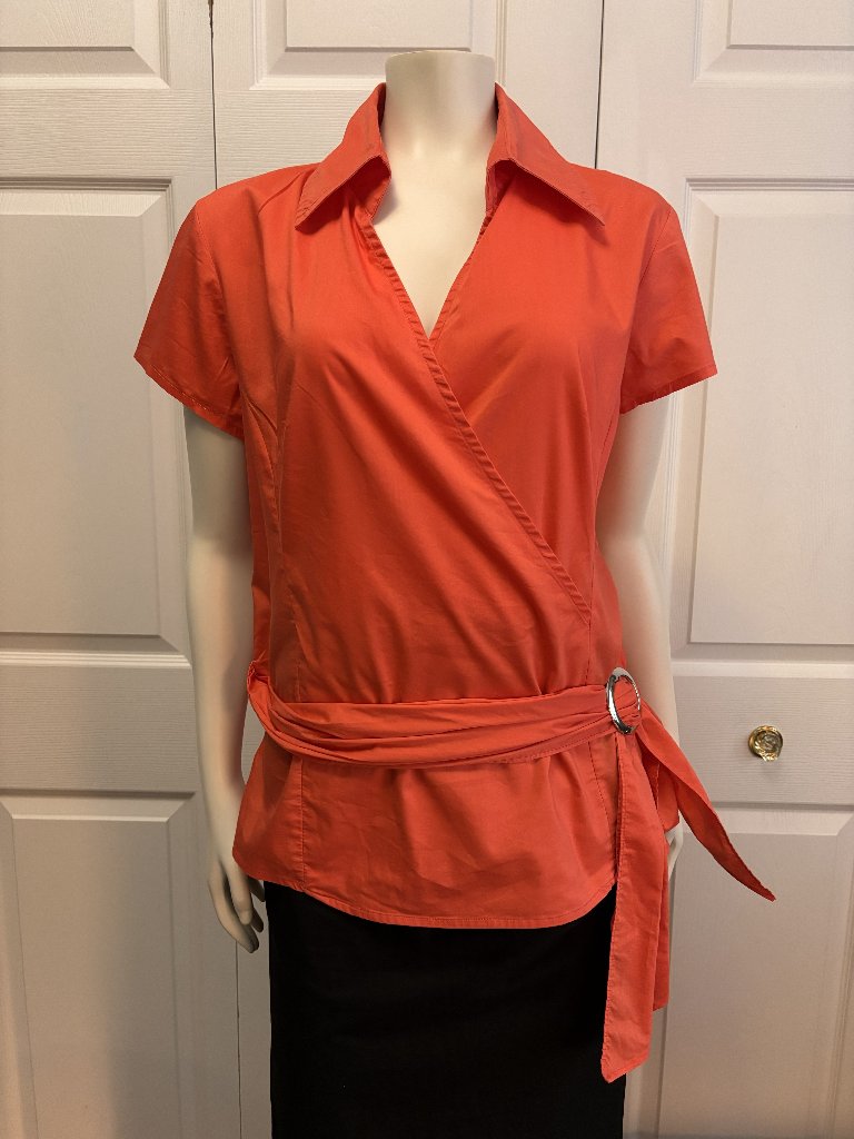 Millennium Medium Coral Wrap Style Blouse Top Belted Stretch Short Sleeve